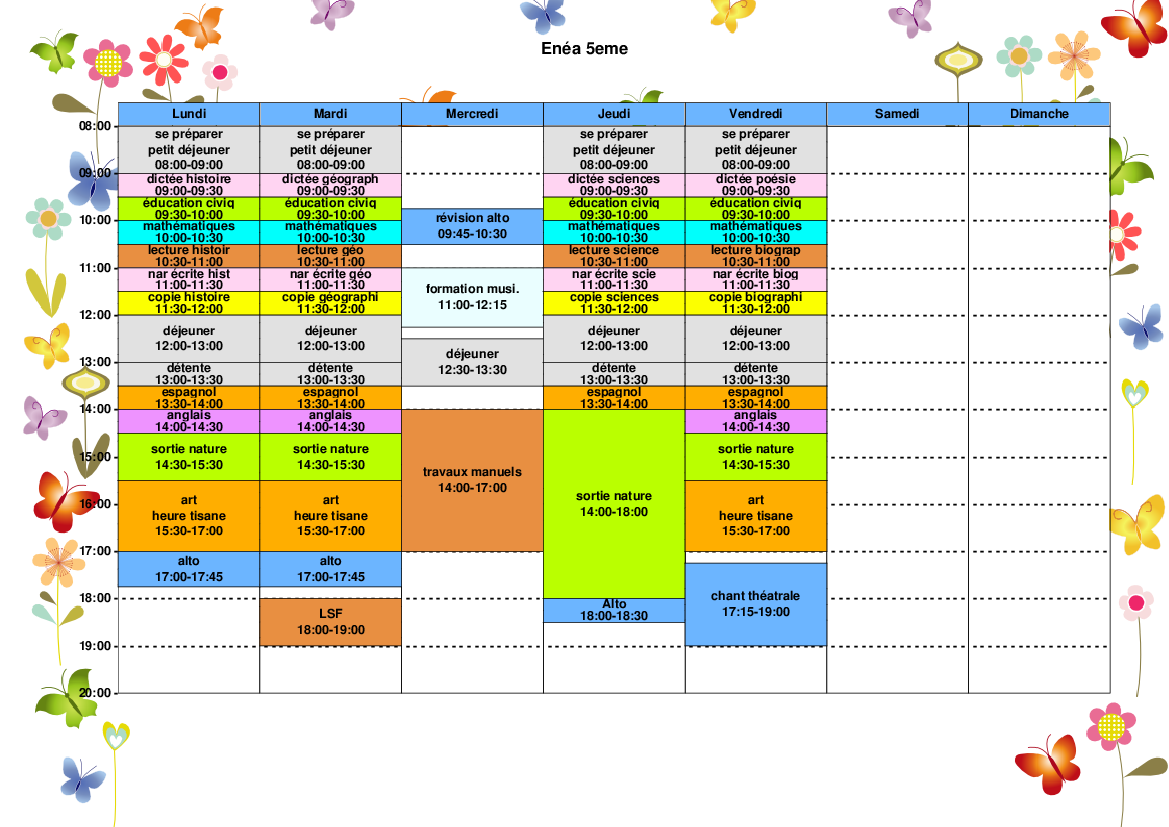 Emploi du temps 5eme 8eme grade charlotte mason