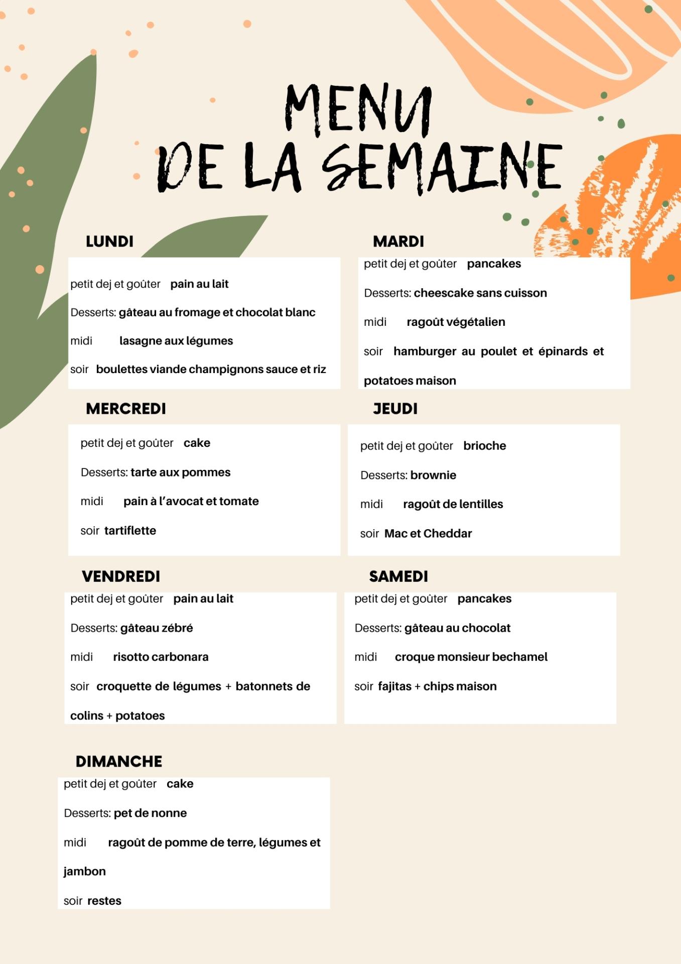 Orange and green food weekly menu planner menu